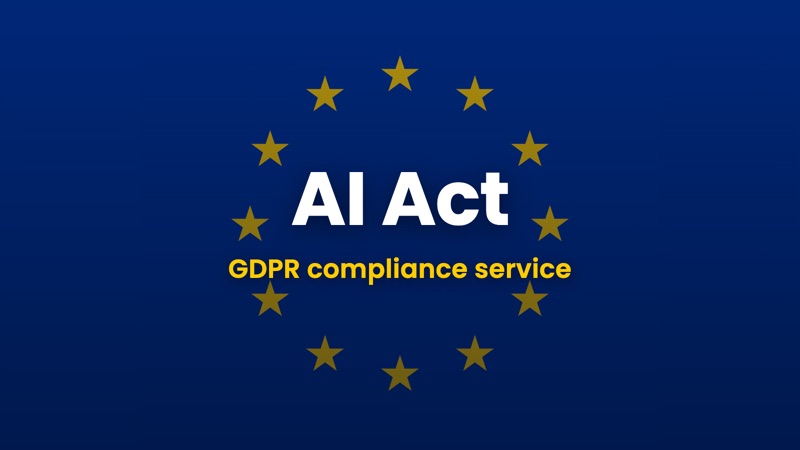 Bandiera europea con la scritta AI Act e GDPR compliance service